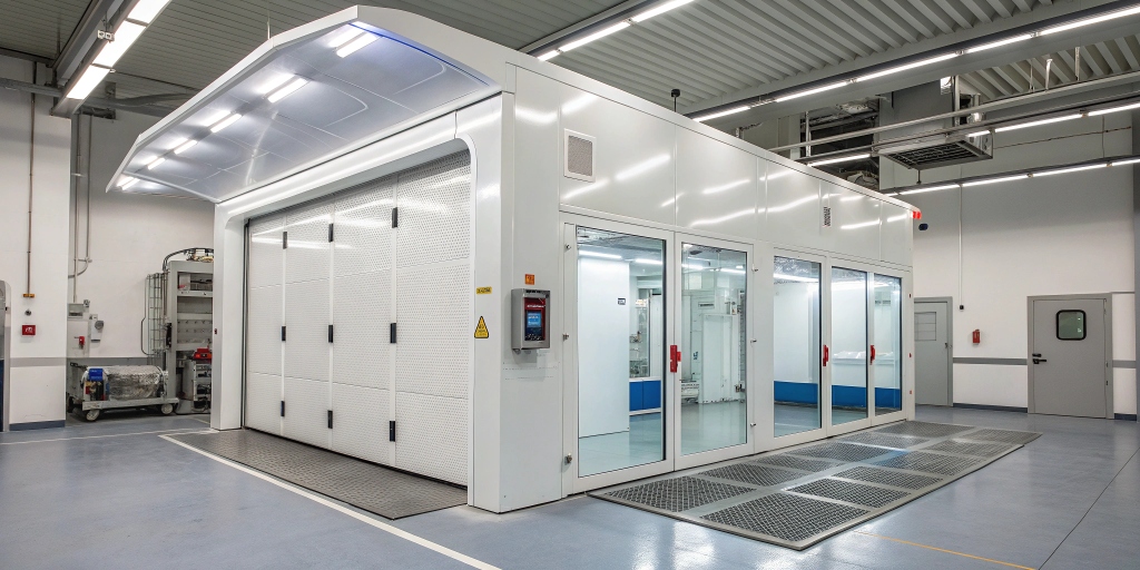 Modern paint spray booth featuring advanced ventilation, automated systems, and innovative technology for improved efficiency and safety.