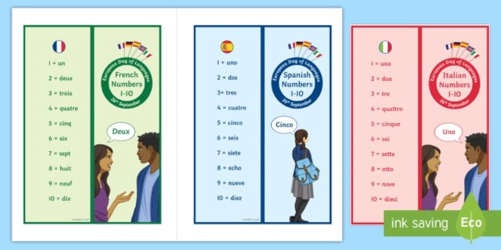 Educational infographic comparing English, Spanish, French and German numbers containing the letter 'a'