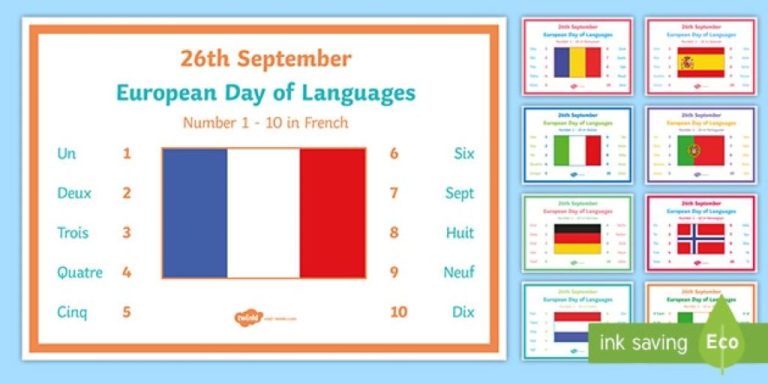 Colorful number chart showing numerical vocabulary across different languages with letter 'a' highlighted