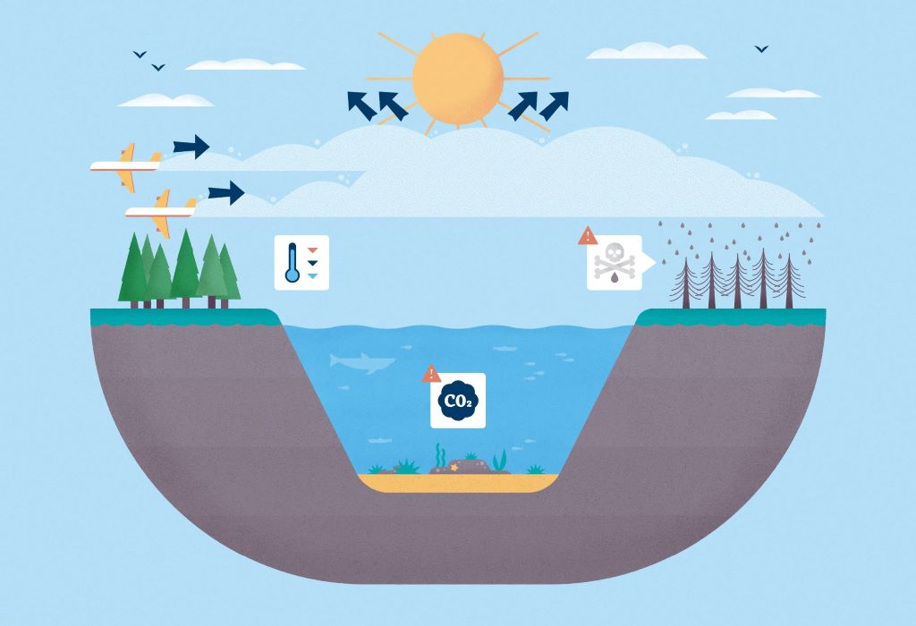 Illustration of solar geoengineering concept with sunlight reflecting off stratospheric aerosols to combat climate change
