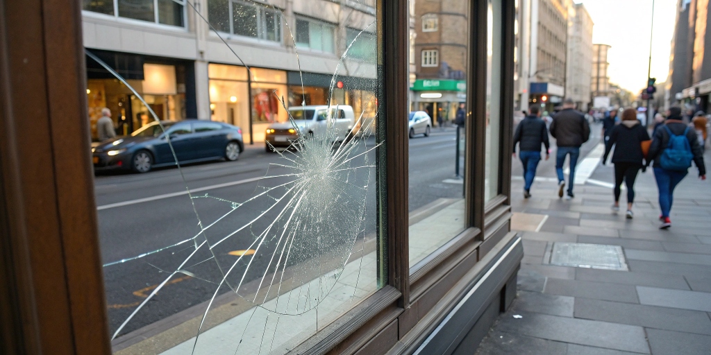 Storefront window repair technician fixing glass to prevent costly business setbacks