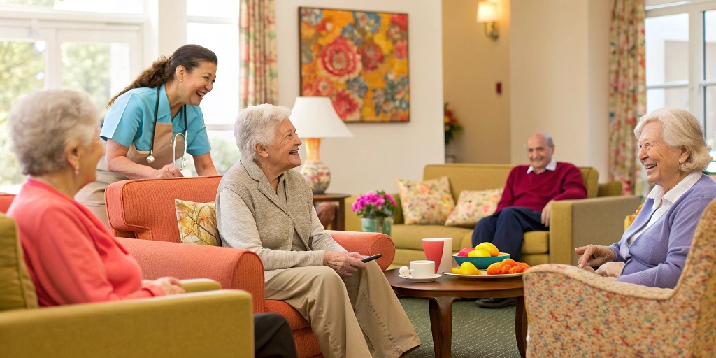 Smiling senior woman sitting with a caregiver in a bright assisted living home, representing how compassionate care improves the quality of life for older adults.