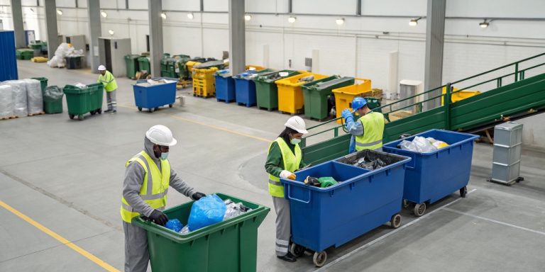 Business team implementing safe and sustainable waste management practices with labeled recycling bins and eco-friendly disposal methods.