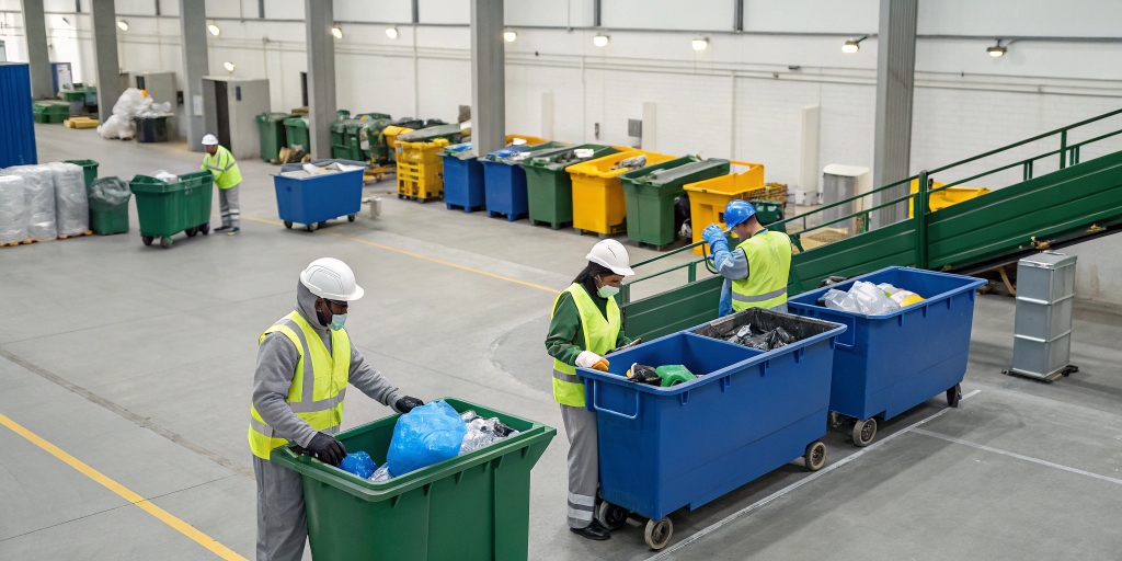 Business team implementing safe and sustainable waste management practices with labeled recycling bins and eco-friendly disposal methods.