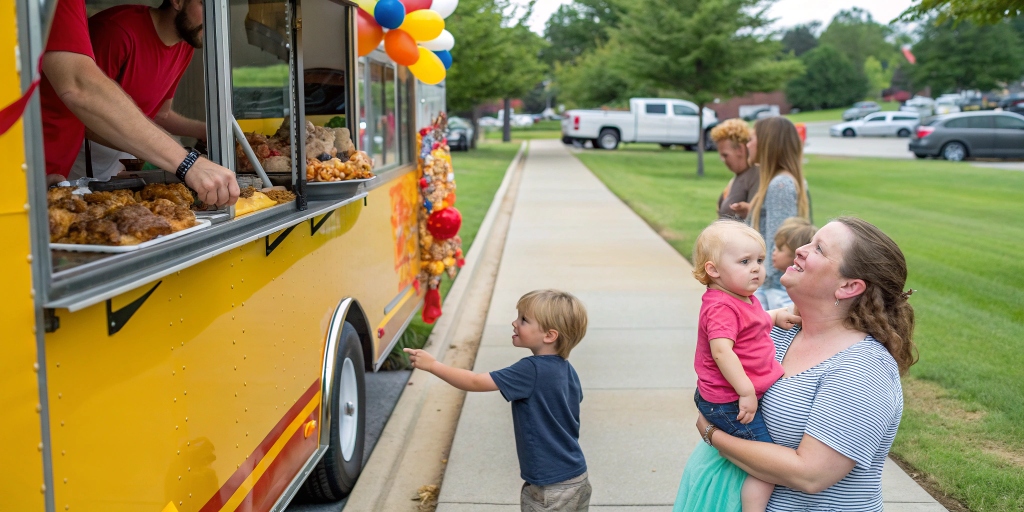 Family with toddlers enjoying food from a BBQ food truck at a birthday party in Madison, AL