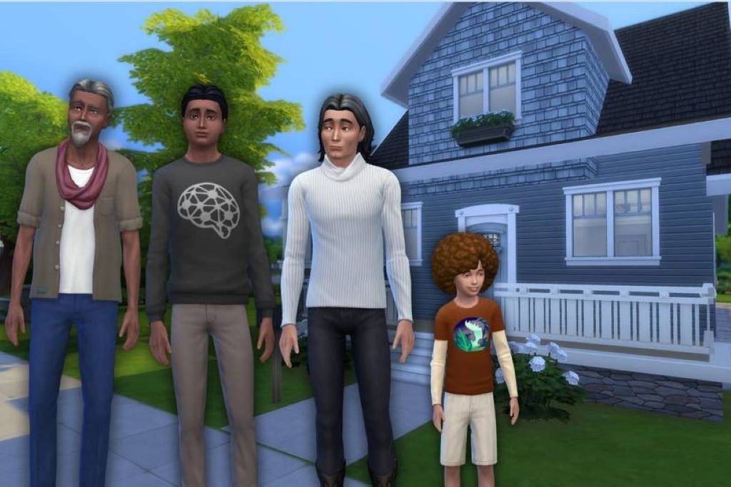 A family of Sims standing together in front of their home, representing generations in The Sims 4 Legacy Challenge