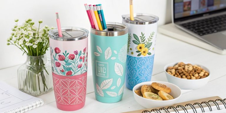 Creative uses for custom tumblers, such as a personalized tumbler filled with candy, another holding makeup brushes, and a third used as a flower vase.