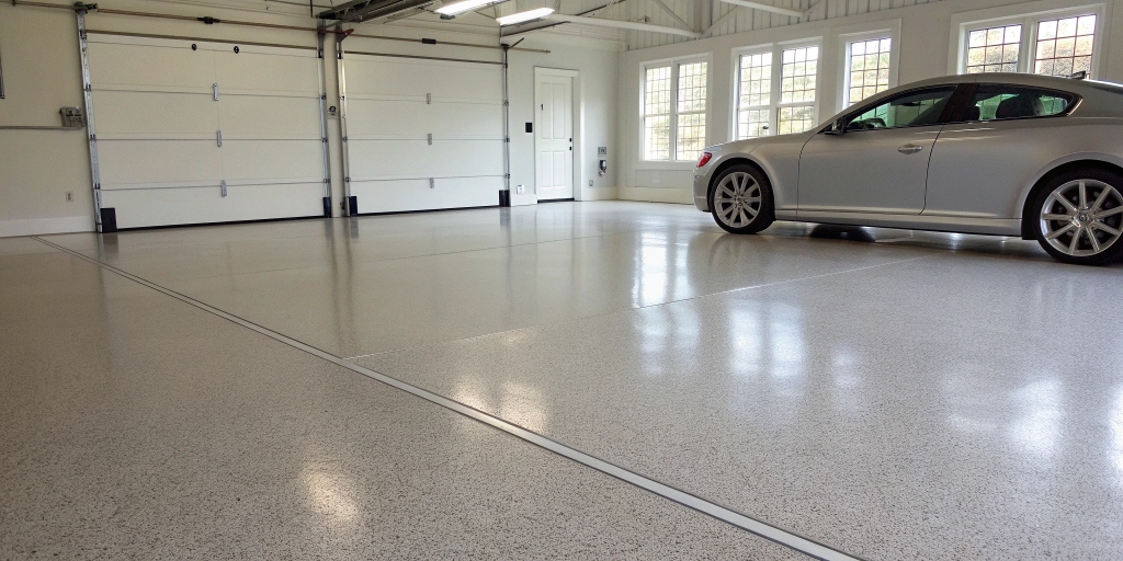 Before and after transformation of a dirty, cracked garage floor coated with a smooth, glossy epoxy or polyaspartic finish.
