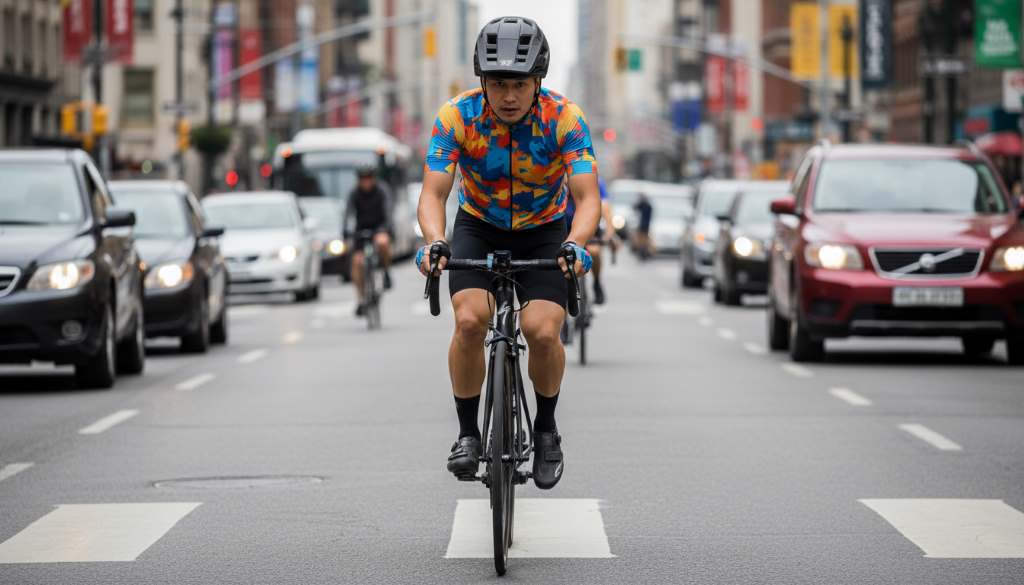Cyclist wearing a certified bike helmet riding safely on a busy road with traffic