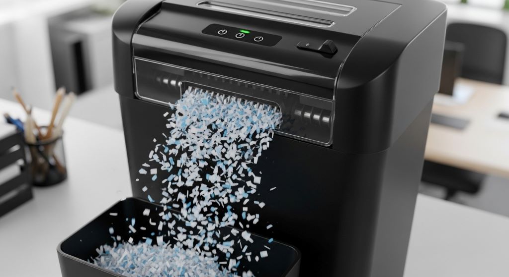Micro cut shredder producing tiny confetti-like paper particles for maximum security and document protection