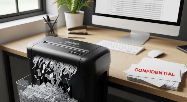 Cross cut paper shredder creating small rectangular pieces from confidential documents on office desk