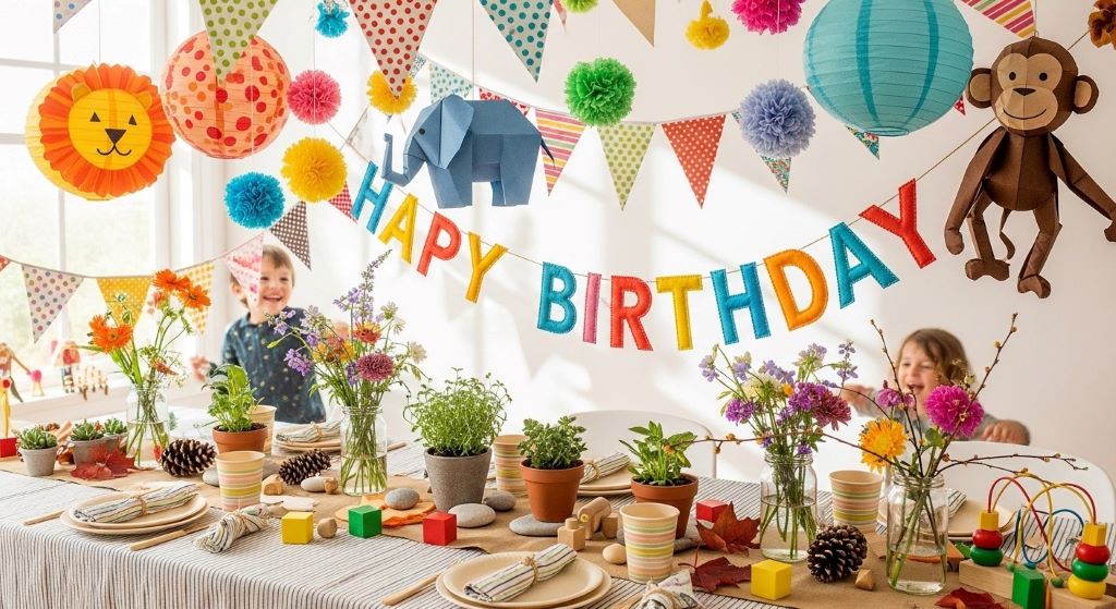 Reusable fabric birthday decorations and natural elements creating festive sustainable party atmosphere for children
