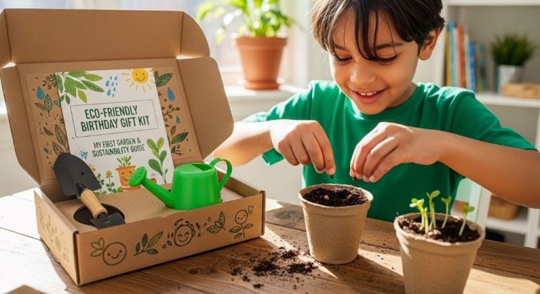 Child planting seeds from eco-friendly birthday gift kit while learning about sustainability and nature