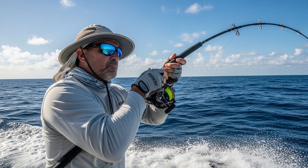 Angler wearing protective sunglasses while deep sea fishing showing proper fit and coverage for ocean conditions and UV protection