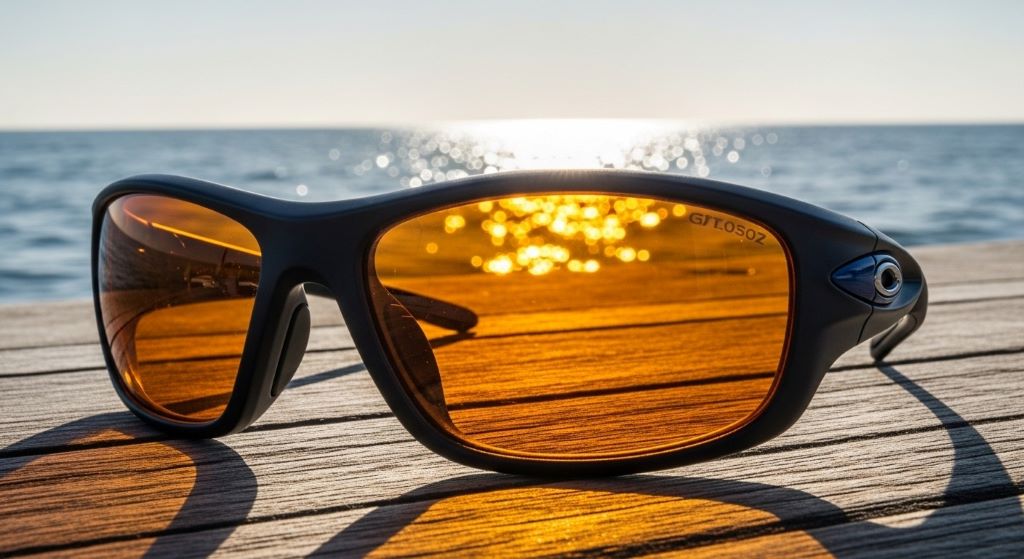 Polarized fishing sunglasses with amber lenses and wraparound frames designed for offshore ocean fishing and glare reduction