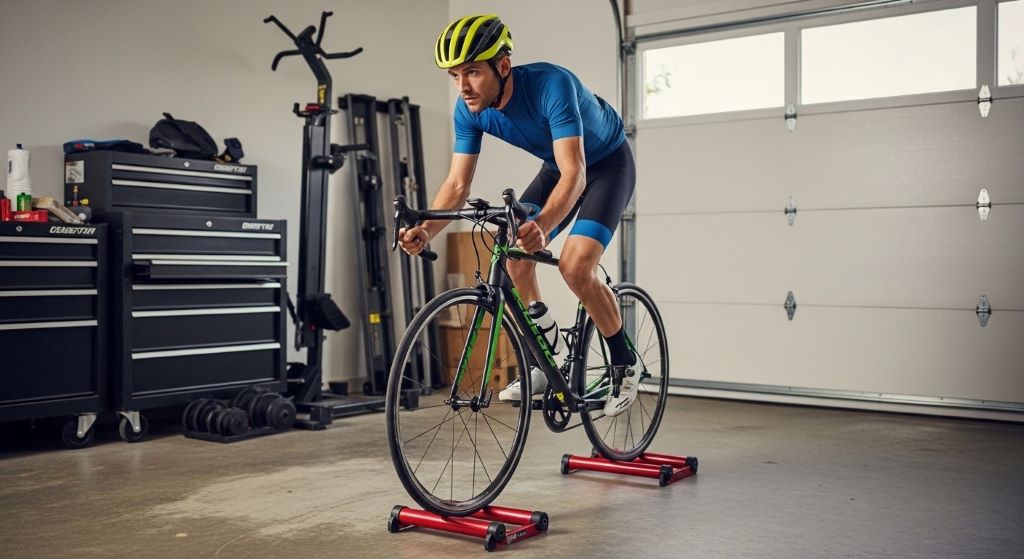 Cyclist training on bike rollers in a home garage with support objects nearby for safety and balance assistance