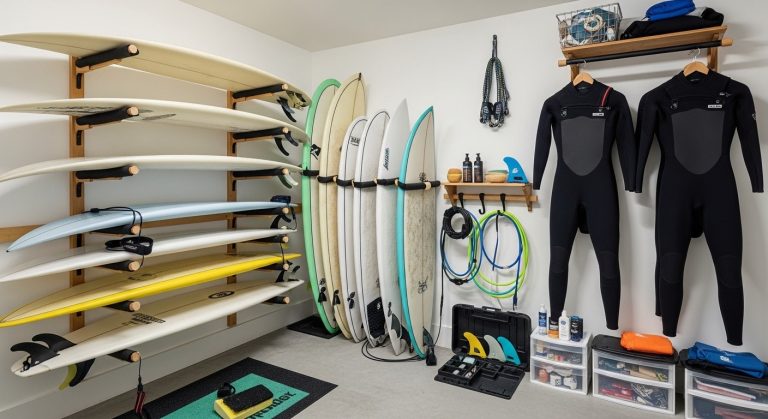 surfer organizing fins and wax inside a surf gear bag