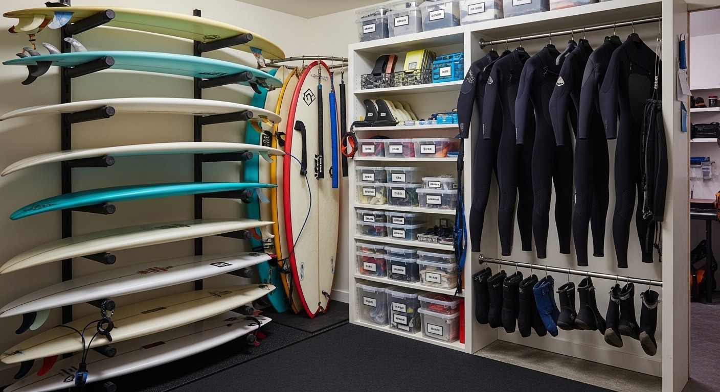 surf accessories organizer storing fins leash and repair tools