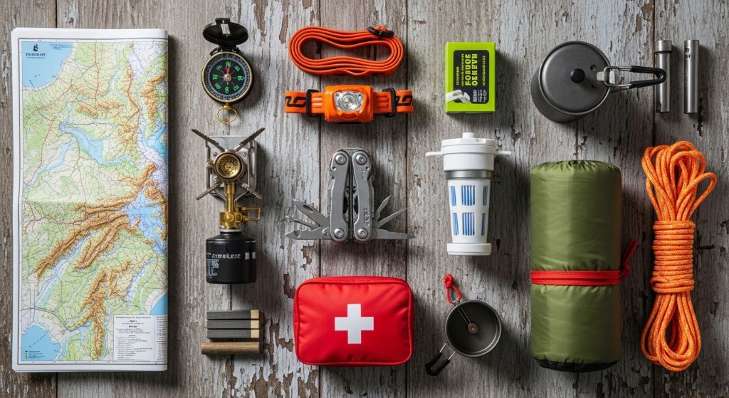 An organized flat lay of must-have camping tools including a multi-tool, headlamp, water filter, first aid kit, and map on a rustic surface