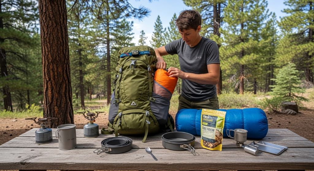 A hiker packing a large backpack with camping essentials including a tent, sleeping bag, and cooking gear on a wooden table outdoors