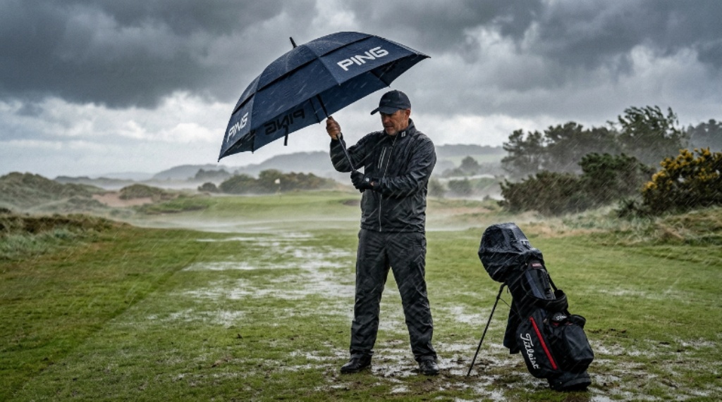 Golfer standing on a rainy fairway holding a large double canopy golf umbrella in strong wind conditions
