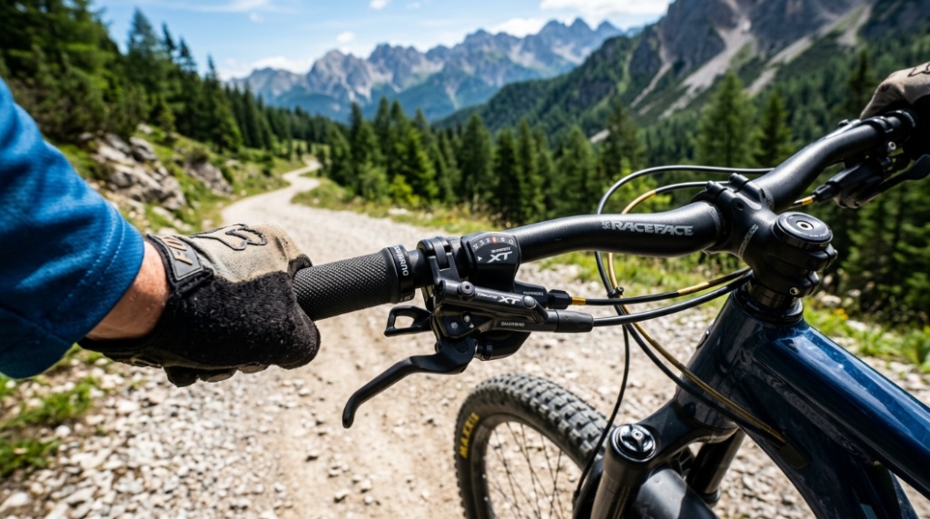 Three mountain bikes parked on a scenic dirt trail with a clear sunset sky background.
