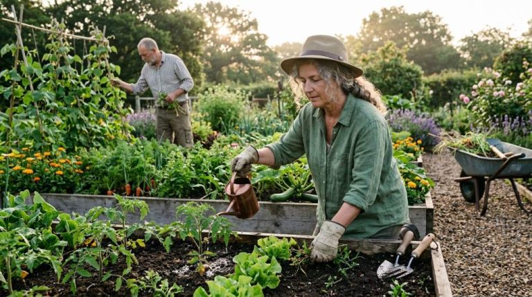 Denver homeowner watering vegetable garden during early morning sunlight in a dry Colorado climate