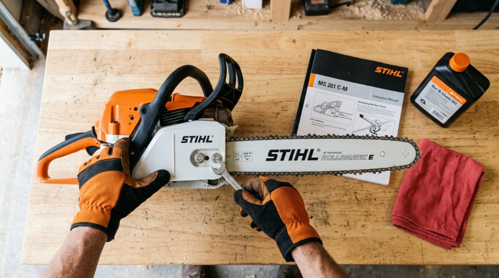 Close-up of hands adjusting the chain tension on a gas chainsaw on a workshop table.