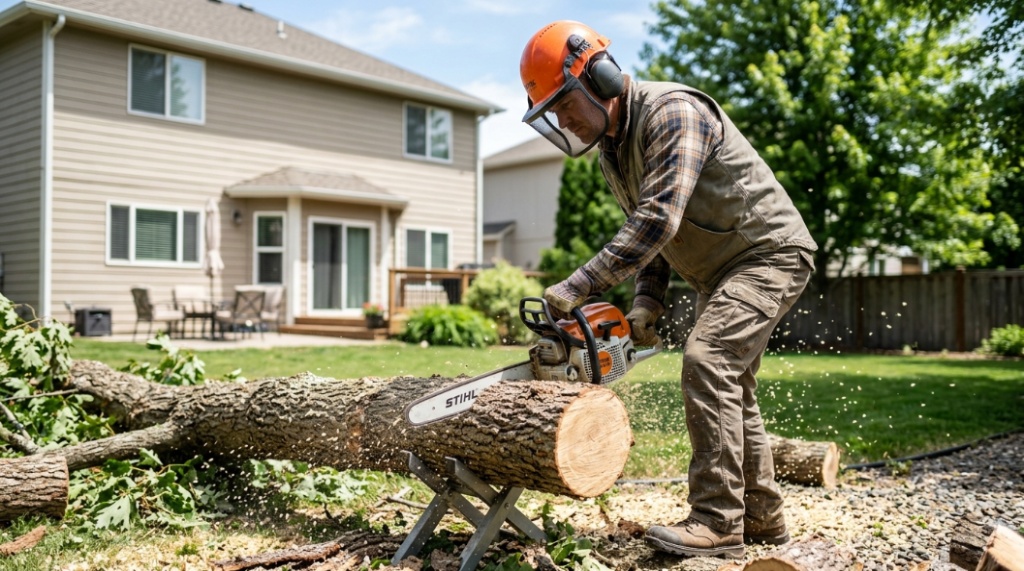 Homeowner in full safety gear using a gas chainsaw to cut a log in a backyard.