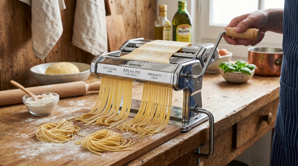 Stainless steel pasta machine with fettuccine and spaghetti cutting attachments on a wooden kitchen surface