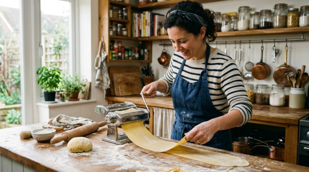 Home cook using a manual pasta maker to roll fresh pasta dough on a floured kitchen countertop
