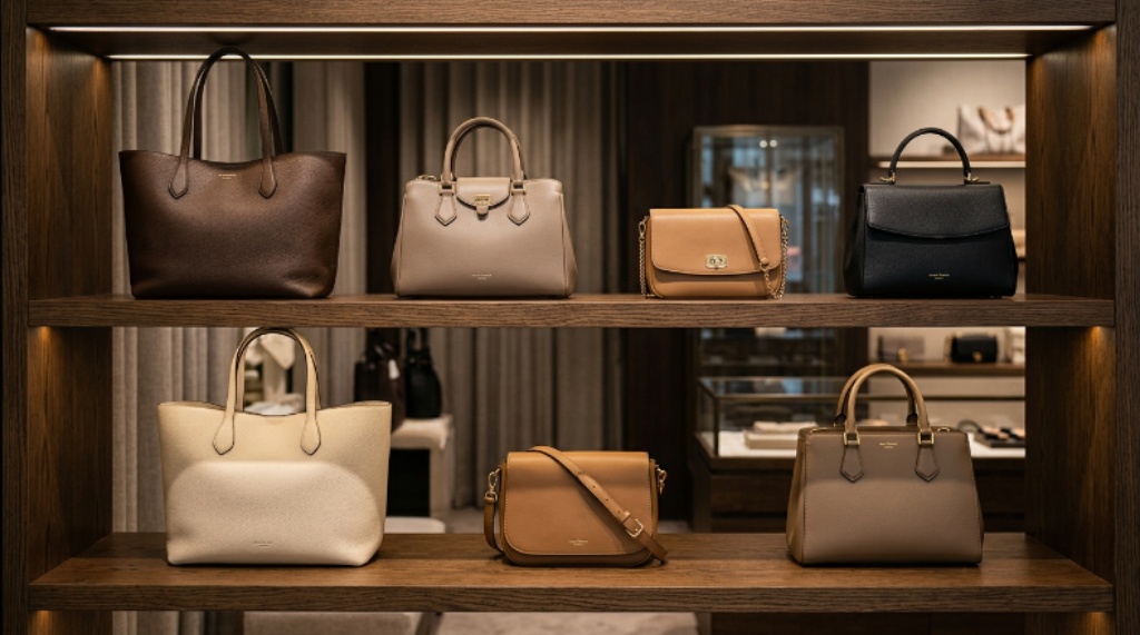 Collection of high-end purses displayed on a shelf including totes, satchels, and crossbody styles in neutral tones