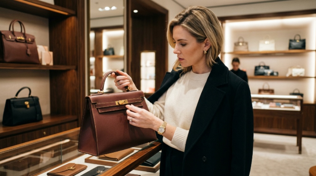 Woman holding a structured leather luxury handbag in a boutique store, examining quality stitching and hardware