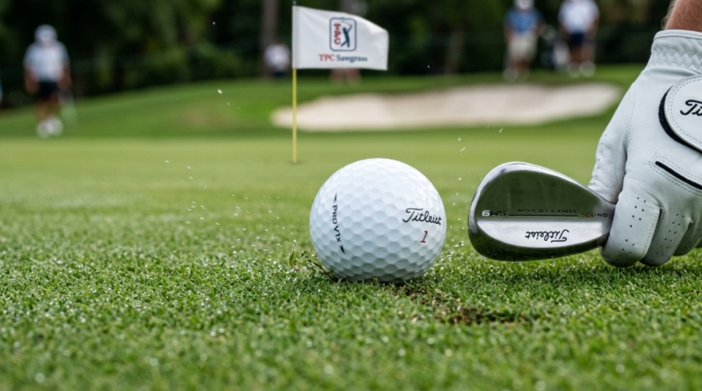 Close-up of a urethane-covered golf ball on a putting green demonstrating greenside spin and short game control