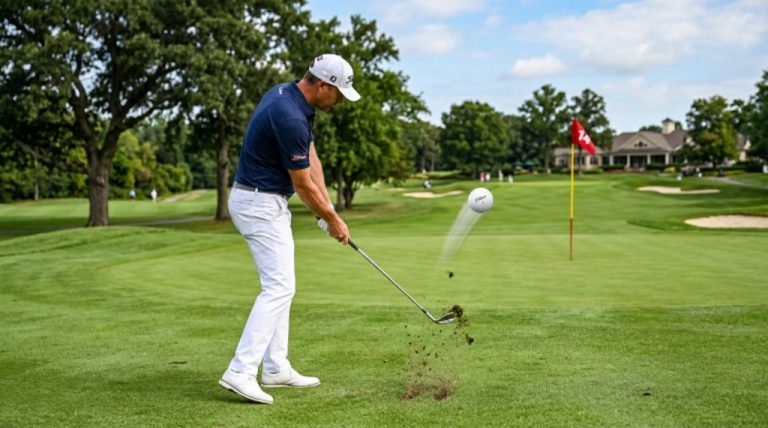 Golfer hitting a wedge shot near the green with a soft feel golf ball producing backspin on the fairway