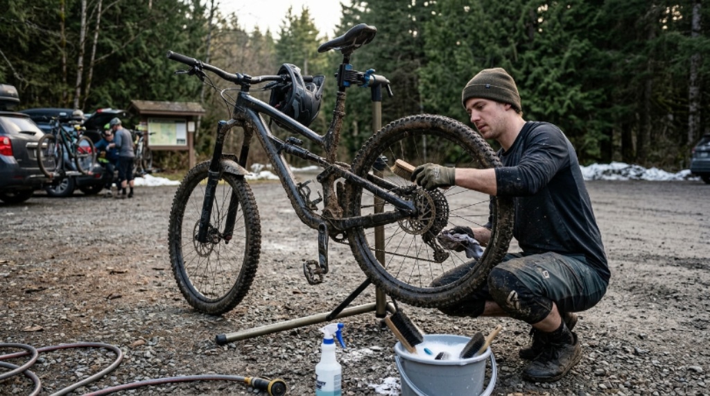 Mountain biker cleaning and inspecting bike components after a muddy trail ride