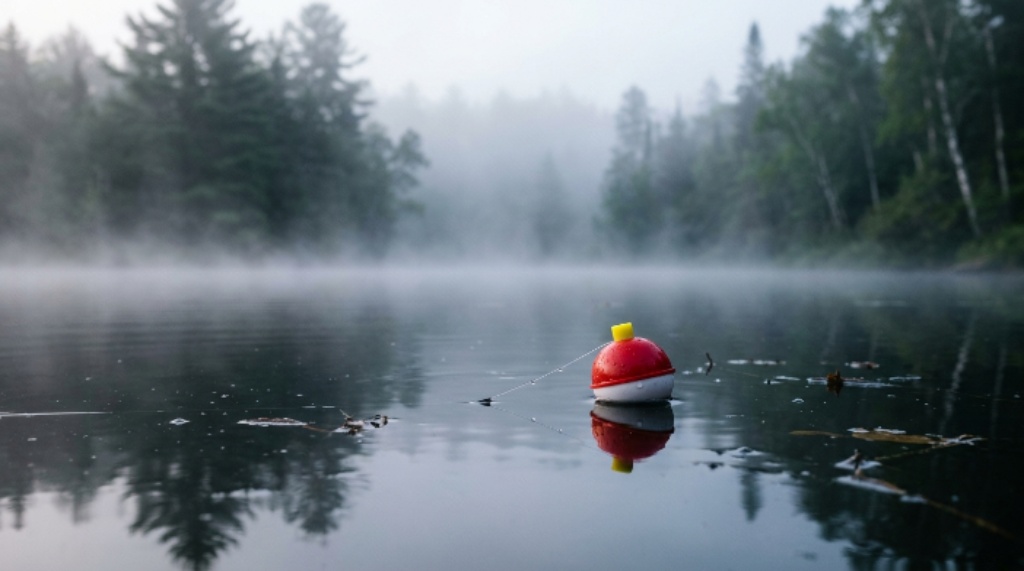 Close-up of a fishing bobber floating on calm water surrounded by morning mist in a quiet forest lake