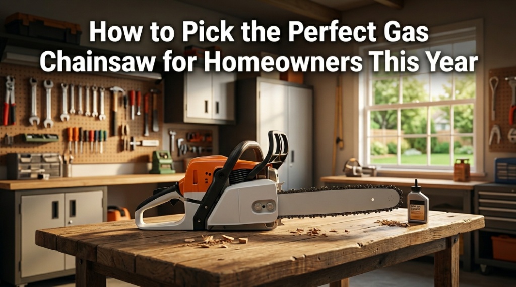 Gas chainsaw resting on a wooden workbench in a bright suburban garage.