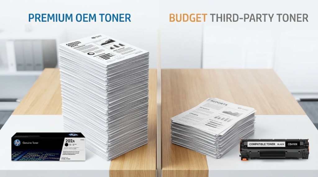 Comparing premium OEM and budget toner cartridges for office use.
