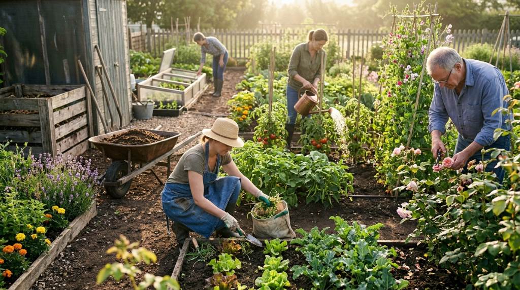 Raised garden beds with drip irrigation system in a residential Denver backyard garden