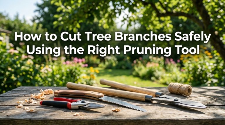A text overlay on a background of gardening tools reading how to cut tree branches safely.