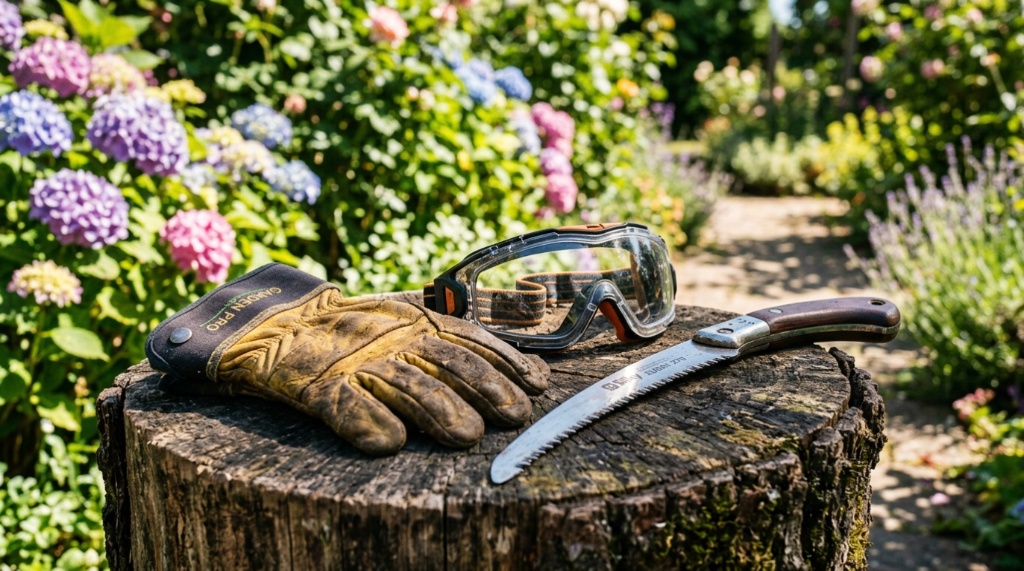Protective leather gloves and safety goggles sitting on a wooden tree stump outdoors.