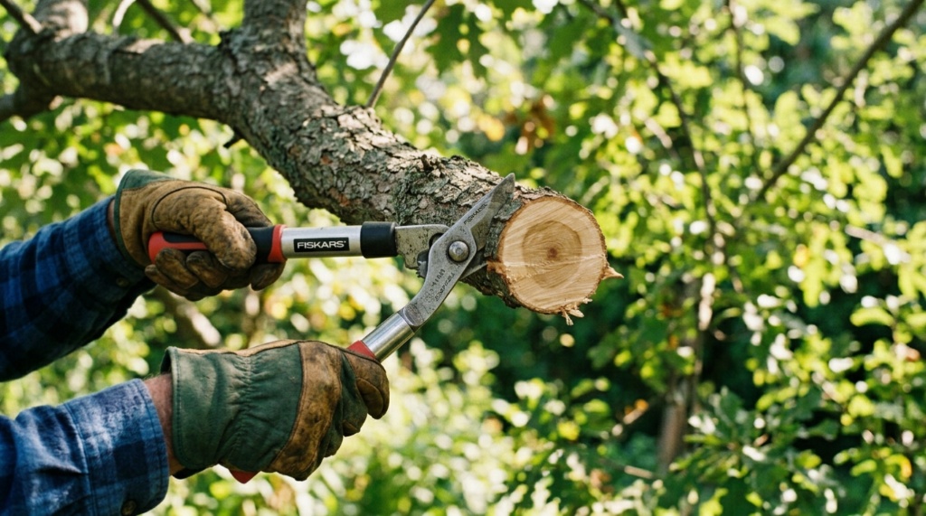 Hands using sharp bypass loppers to make a clean cut on a tree branch.
