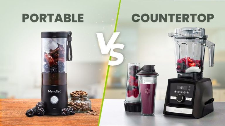 Portable blender and countertop blender displayed side by side for comparison.