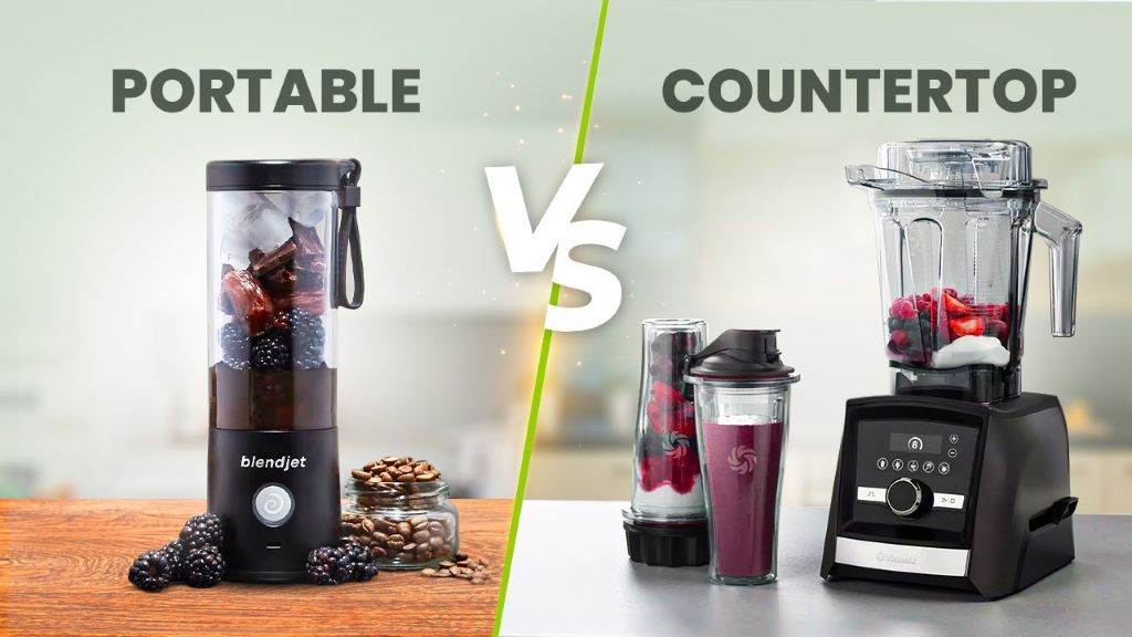 Portable blender and countertop blender displayed side by side for comparison.
