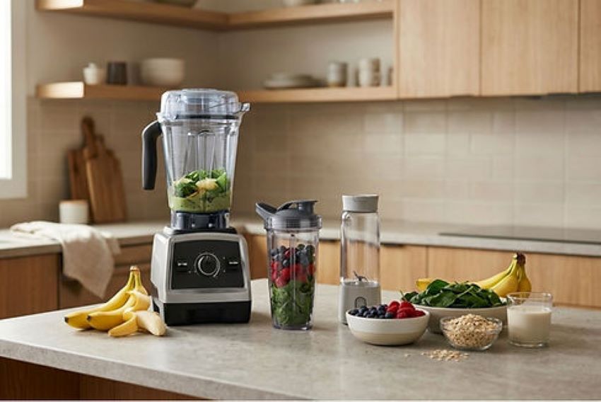 Portable and countertop blenders with fresh smoothie ingredients ready for blending.