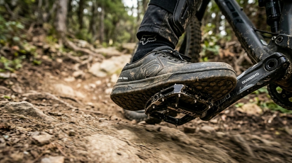 Side-by-side comparison of a wide platform pedal and a clipless mountain bike pedal on a gray background.
