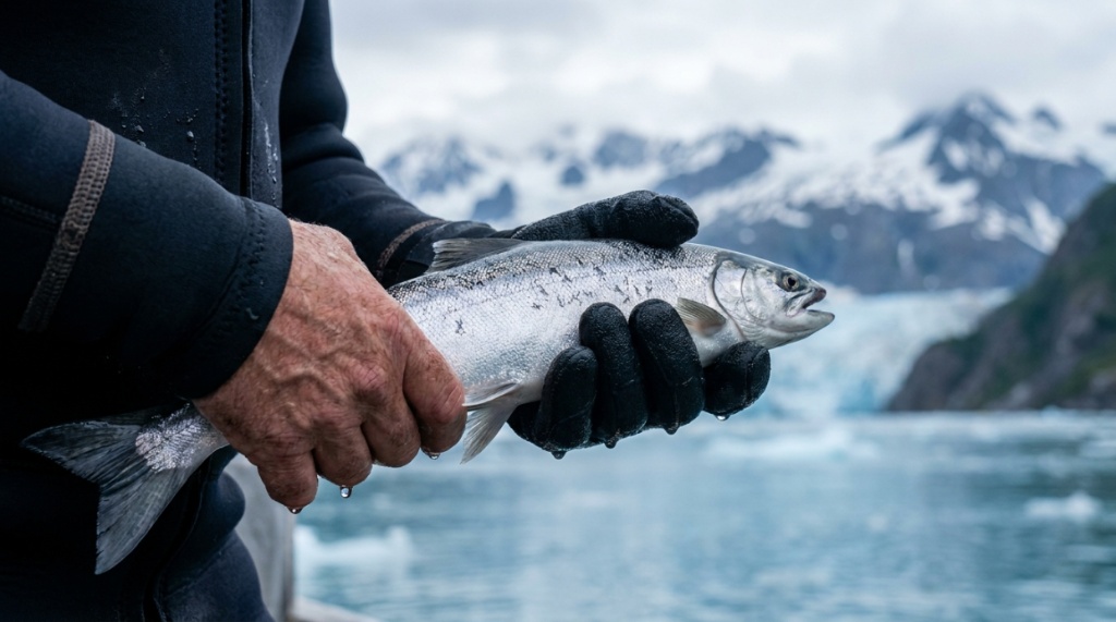 Fisherman casting a line on a misty river in Alaska.