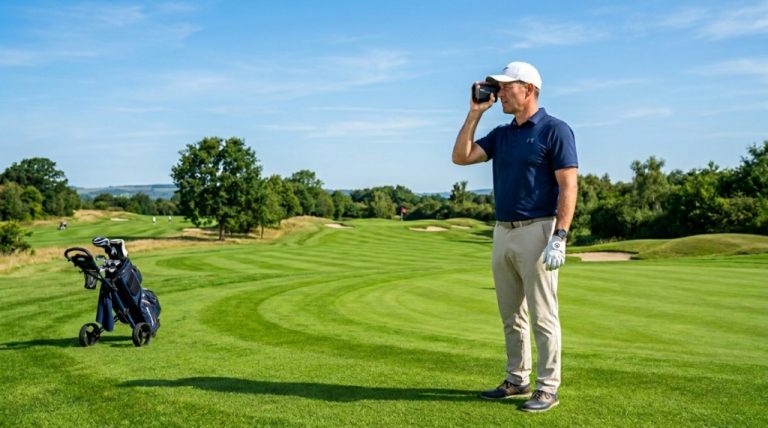 Golfer holding budget golf rangefinder on a sunny fairway measuring distance to flagstick.