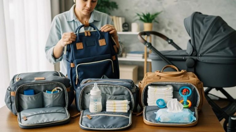 Parent using waterproof diaper bag backpack during outdoor travel